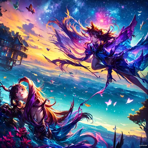 High Definition Complex Concept Art Trend Art Station 8K, by makoto shinkai, Stanley Artgerm Lau, wlop, rossdraws, Describes a scene with a cute girl character, Grassy butterflies, Lying on the water and jumping around, Looking up at the starry sky. Surrou...