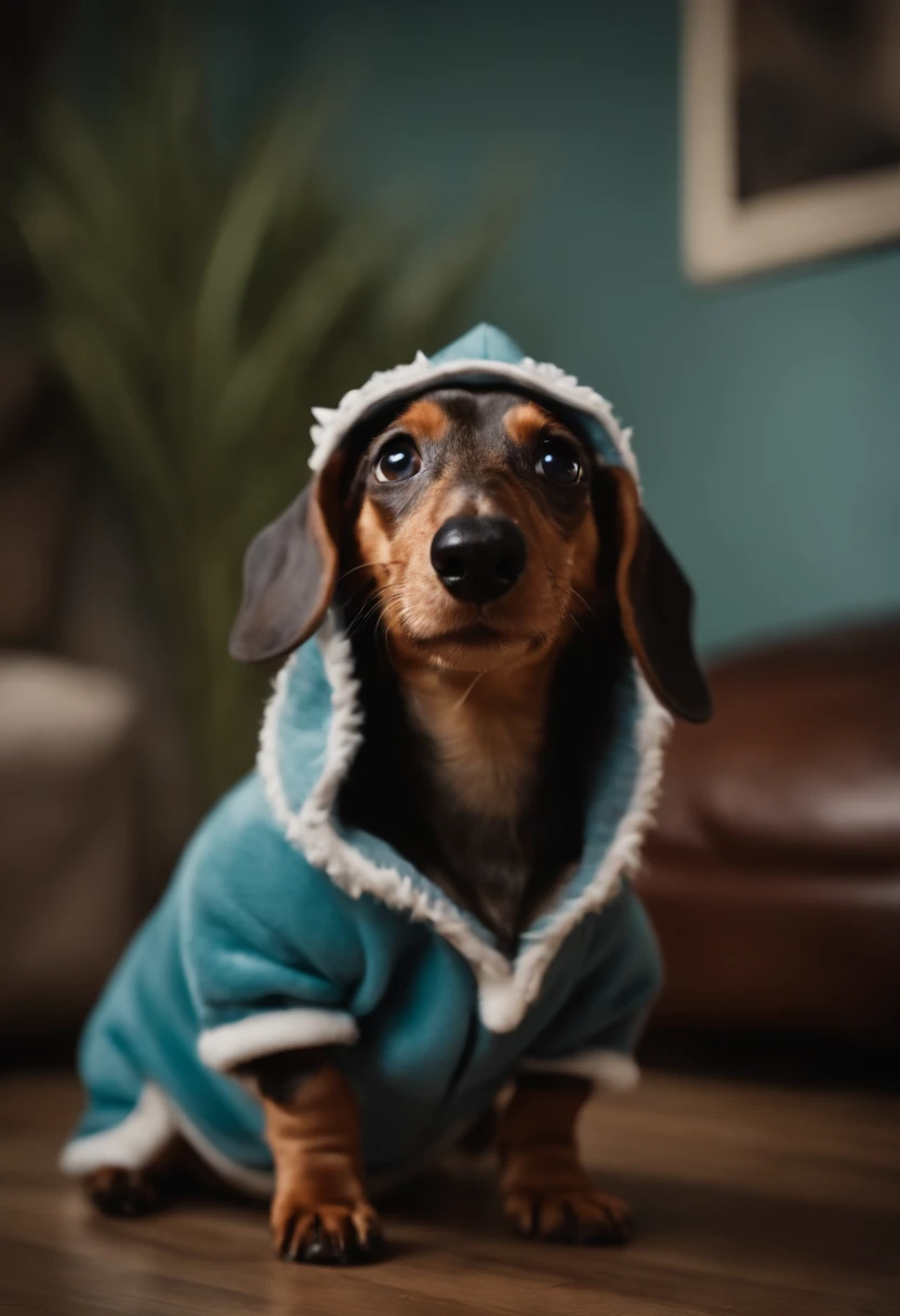 Dachshund Dapple cub Tabby Eared Hairy Ear wearing a shark outfit