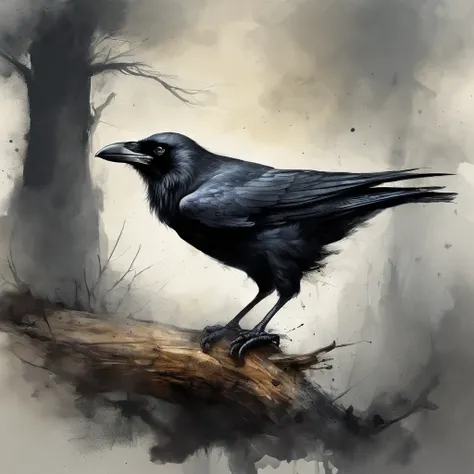 A crow in a dead tree, The crow is rich in detail and realistic，Em Forma de sombra de um caminhante, Noite estrelada, Thick fog on the ground, Luz azul no horizonte, Motor Unreal5, cinemactic, Low angle photo, motion blur, proFundidade de campos, dust, Sei...