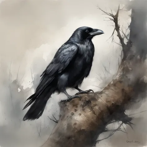 A crow in a dead tree, The crow is rich in detail and realistic，Em Forma de sombra de um caminhante, Noite estrelada, Thick fog on the ground, Luz azul no horizonte, Motor Unreal5, cinemactic, Low angle photo, motion blur, proFundidade de campos, dust, Sei...