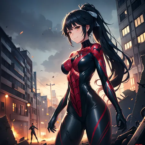 1girl,,big breasts,standing in ruined city,(8k),scratches,detailed face,black hair,brown eyes,very long hair,embarassed,small sm...