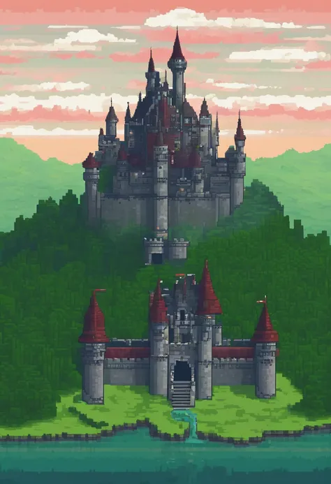 Gigantic anorlondor style castle, black color with dark gray details, prismatic windows, at dusk, floating castle, over an immense green valley with a beautiful river, 4K HD |, high definition