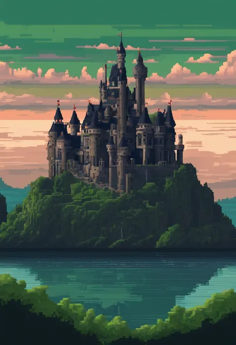 Gigantic anorlondor style castle, black color with dark gray details, prismatic windows, at dusk, floating castle, over an immense green valley with a beautiful river, 4K HD |, high definition