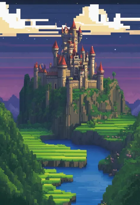 Gigantic anorlondor style castle, black color with dark gray details, prismatic windows, at dusk, floating castle, over an immense green valley with a beautiful river, 4K HD |, high definition