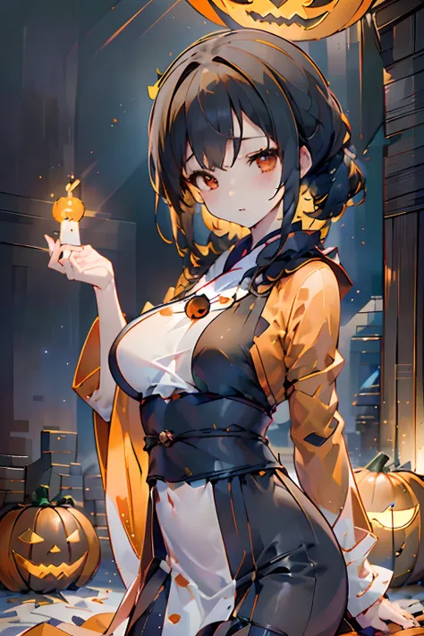 top-quality,masuter piece,独奏,((Jack-o-lantern,Orange pumpkin:1.3､Peeler Candle,Ball Candle))),the bats,Flying bats,longshot, (low angles), (top down), 14 years old girl、((Black poncho、Realistic scale,Significant shrinkage:1.5、photos realistic、Super Detail,...