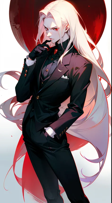 With a graceful stance, a male vampire poses for his portrait. His anime-style appearance is enhanced by his long, white hair and striking red eyes. He wears a tailored suit, adding a touch of sophistication to his pale white skin. The full moon shines bri...