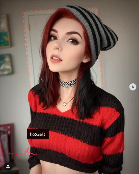 arafed woman with red hair wearing a striped sweater and a hat, crimson - black beehive, wearing a chocker and cute hat, black and red hair, 1 7 - year - old goth girl, red and black tones, black and red hair hair, black and red tones, better known as amou...