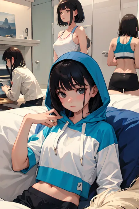 child，（​masterpiece，Highest Quality），Sportsbra，Lightweight hoodie，A dark-haired