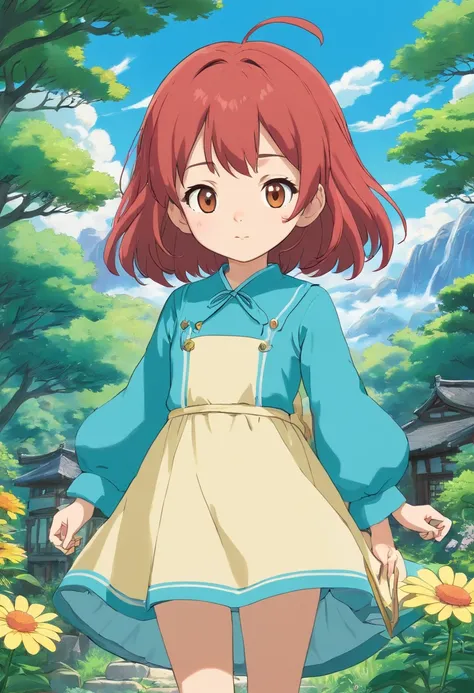 uma menina chibi, usando um vestido fofo azul, {{olhos amarelos e cabelos vermelhos}}, no estilo de paisagens de jardim tranquilas, animated color photos, Masami Teraoka, aquamarine, Paulo Gauguin, Estilo Embry, retrato honesto