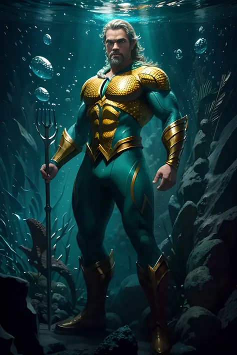 [Aquaman Brasileiro], [digital illustation], [Estilo heroico], [Carlos ArteHeroica], [art-station], [High definition to highlight the connection to the ocean], [vibrant and aquatic colors], [Underwater lighting], [Lente de close-up para mostrar detalhes do...