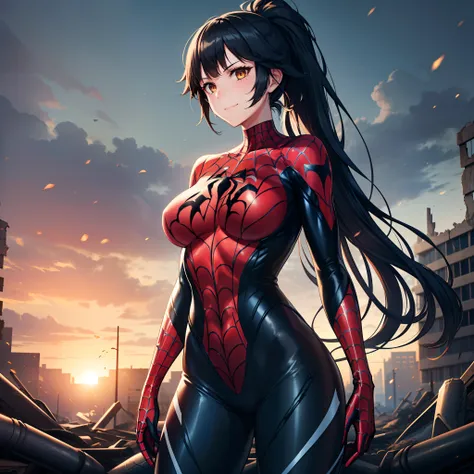 1girl,,big breasts,standing in ruined city,(8k),scratches,detailed face,black hair,brown eyes,very long hair,embarassed,small sm...