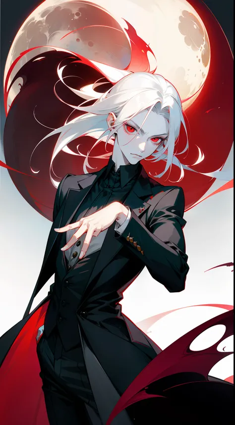 With a graceful stance, a male vampire poses for his portrait. His anime-style appearance is enhanced by his long, white hair and striking red eyes. He wears a tailored suit, adding a touch of sophistication to his pale white skin. The full moon shines bri...