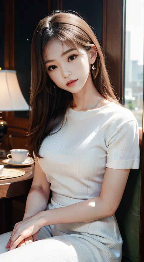 ​masterpiece、Top image quality:1.2、((beautiful young woman with))、Transparent skin:1.2、{A slight smil}、(kawaii)、Short sleeve knit、luxury hotel、depth of fields