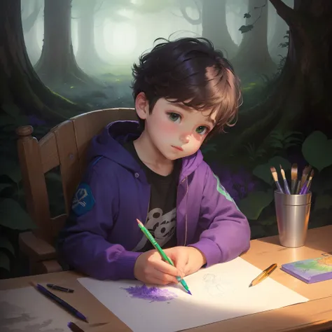 A cute little boy with a fat mound,Sit in a fantasy forest full of green and purple hands,Inside with a brush and drawing at the drawing board,The blue-purple R is written on the drawing board.