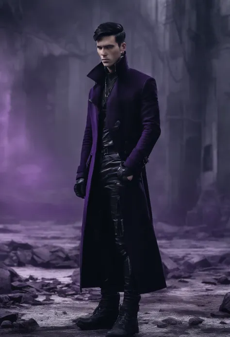 Man with short, straight black hair, closed eyes, beautiful face, apathetic, wearing a black coat with purple details, black fabric pants, black shoes, necklace with a single purple stone. 4k HD, high