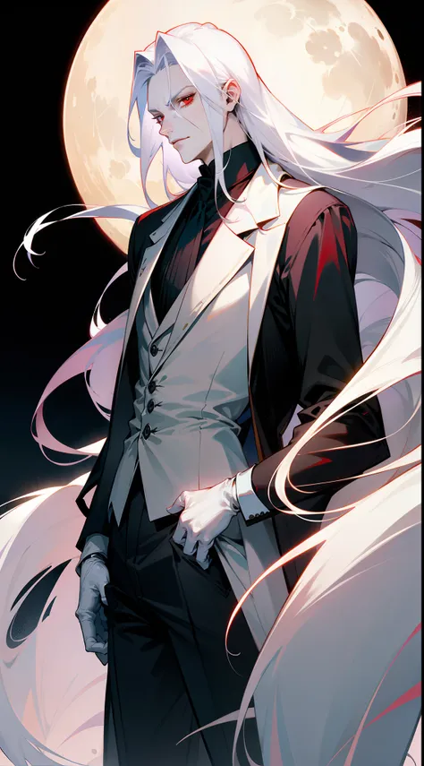 With a graceful stance, a male vampire poses for his portrait. His anime-style appearance is enhanced by his long, white hair and striking red eyes. He wears a tailored suit, adding a touch of sophistication to his pale white skin. The full moon shines bri...