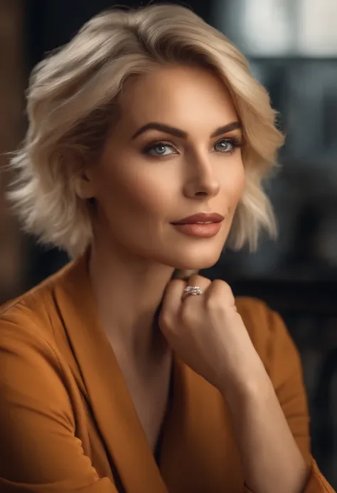 WOMAN WITH SHORT BLONDE HAIR, AGE APPROXIMATELY 30 YEARS, ULTRA REALISTIC 4K STYLE PHOTO, MANICURE, BROWN EYES, SUPER CHARISMATIC.