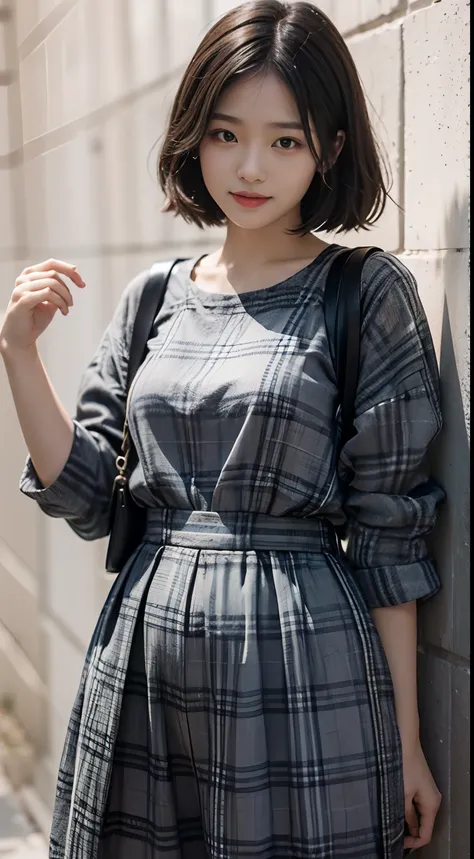 tmasterpiece，super high image quality，真实感，Three-dimensional feeling，physically-based renderingt，8K，Short black shoulder-length hair，A female high school student，Chinese face，Medium height，with a good figure，Plaid shirt，long trousers，Dress generously，Back a...