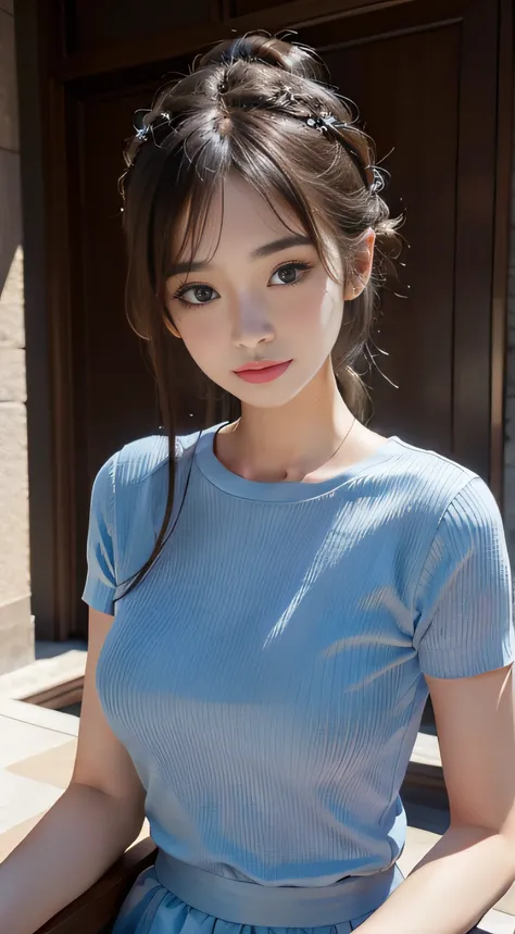 ​masterpiece、Top image quality:1.2、((beautiful young woman with))、Transparent skin:1.2、{A slight smil}、(kawaii)、Short sleeve knit、luxury hotel、depth of fields、Sharp Focus、Fine details