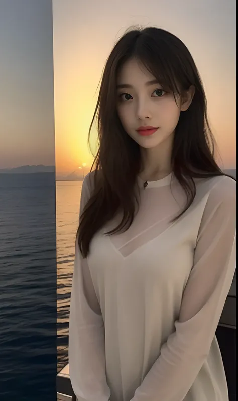 （Original photo of 8K，best qualtiy，tmasterpiece：1.2），（Medium view），the night，Night on a yacht，Sea and night view in the background，best qualtiy，tmasterpiece，（Small mouth：1.2），short- sleeved，short- sleeved，short- sleeved，short- sleeved，an extremely delicate...