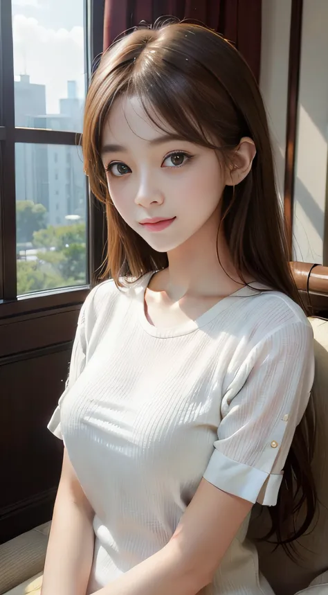 ​masterpiece、Top image quality:1.2、((beautiful young woman with))、Transparent skin:1.2、{A slight smil}、(kawaii)、Short sleeve knit、luxury hotel、depth of fields、Sharp Focus、Fine details