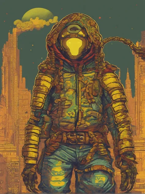 Katsuya Terada style, LEMUr shaman in miletary gear (SNAKE skin ARMOR, goggles and hood), YELLOW EYEs SNAKE skin ARMOR (SCALEs), manga, toon avatar,  muppet, simple, stialized, clean, compact, simple.