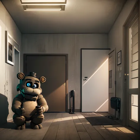 five nights and freddy,golden freddy, sitting down in the corner of a dark run down room,dark, horror, cinematic lighting, unrea...