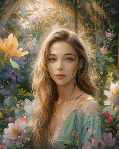 (photo-realistic:1.37),(professional),(vivid colors),(sharp focus),(HDR),portrait,woman in a fantasy garden,soft lighting,radiant expression,natural pose,flowers in the background,subtle color palette,fine brushstrokes,pastel tones,delicate features,serene...