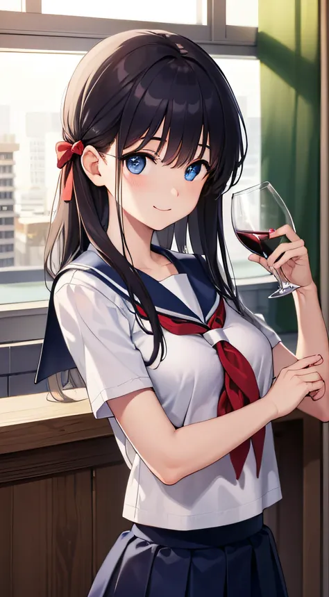 Blue eyes, Say goodbye to hair accessories, Hairstyles, Long hair,Black hair, bow,
Break the blue dress, Kiyosumi school uniform, Pleated skirt, school uniform, serafuku, Skirt,
BREAK looking at viewer,holding a wine cup，smile
Inside the tavern
break (Mast...