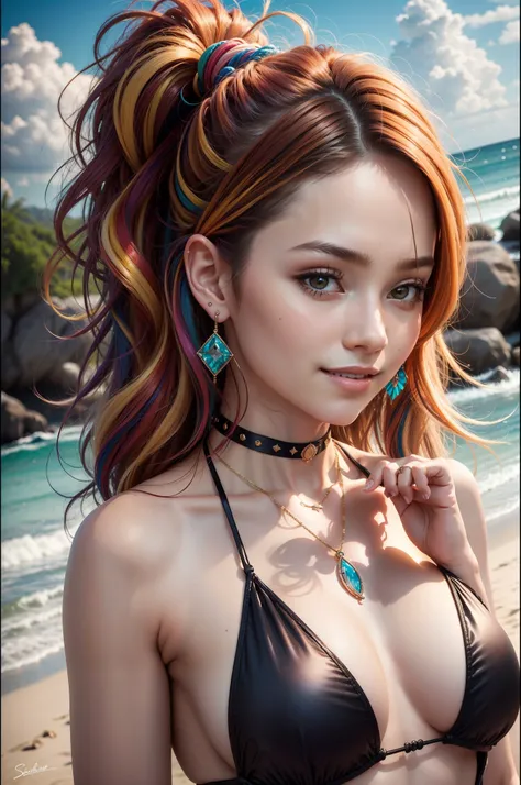 (Masterpiece: 1.5), (Best Quality: 1.5), High Resolution, High Detail, 1 Girl, Solo, Skin Highlight, Sharpen, Clear, straight hair, ponytail, multicolored hair, Jewelry, bracelet, earrings, cowboy shot, pale skin, smile, beach, tiny micro bikini