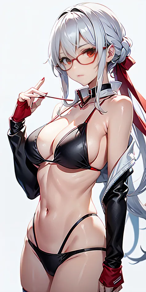 Lucia_crimson_color_Knitting, heterochromia, black bikini, bandaged arm, white jacket, red glasses around neck, looking at viewer, upper body