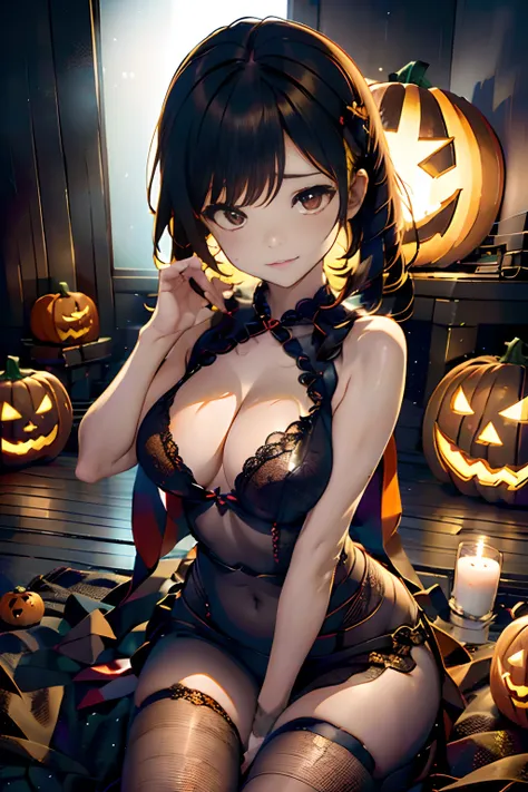 top-quality,masutepiece,独奏,((Jack-o-lantern,Orange pumpkin:1.3、Peeler Candle,Ball Candle))),the bats,Flying bats,longshot, (low angles), (top down), Realistic scale,Significant shrinkage:1.5、photos realistic、Super Detail, Realistic, Super realistic, lifeli...
