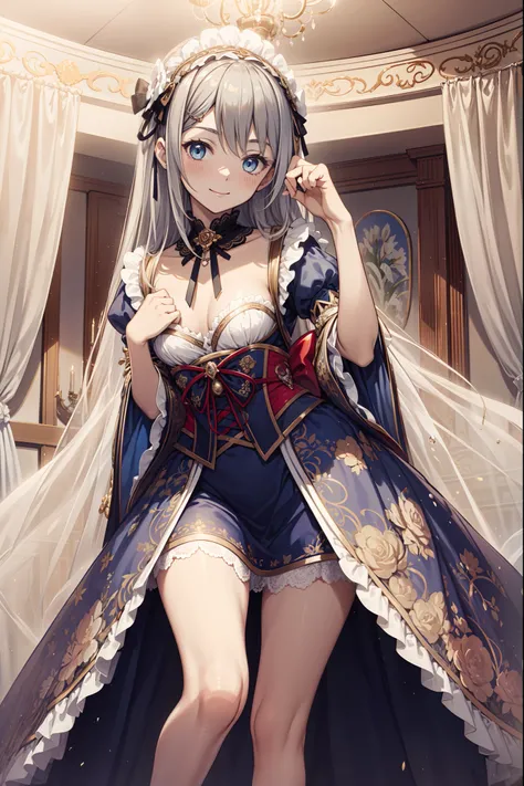 saints，Enchanted，having fun，Being in love，(Light Victorian dress)，silber hair，eBlue eyes，Seductive pose,streaked，Ruffles，Lace，A small amount of color ramp，Pattern，Floral decoration，Fabric headdress，Heavy bow，exquisite costumes，A small amount of transparent...