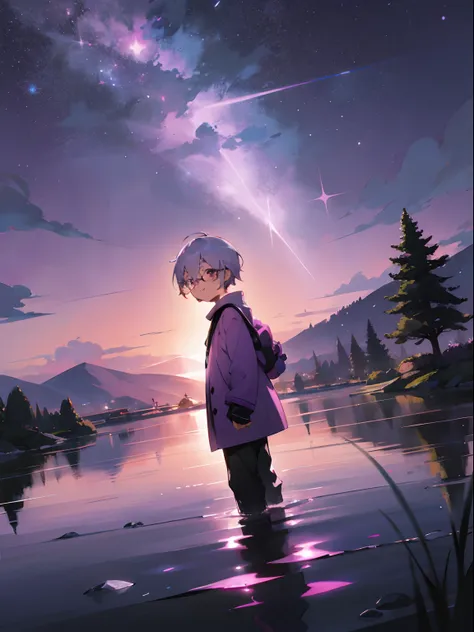 (male child, black glasses,a smile, silber hair),anime drawing、hightquality、pink purple sky、beautiful scenes)、 [artistic atmosph...