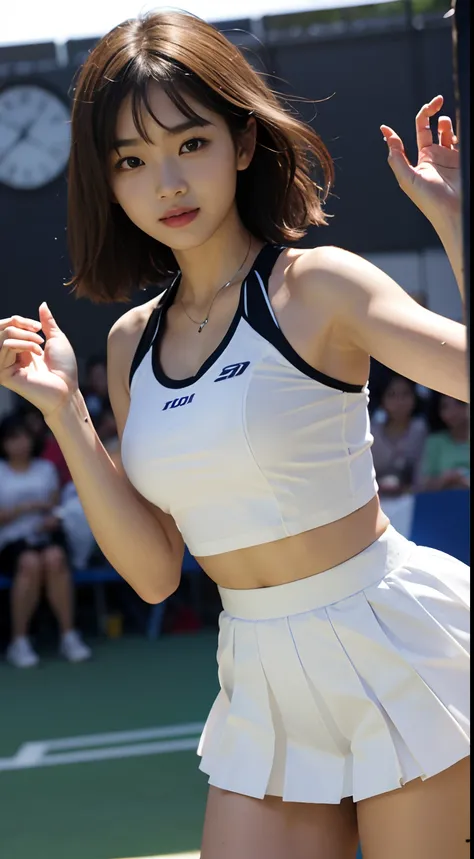 tmasterpiece，super high image quality，真实感，Three-dimensional feeling，physically-based renderingt，8K，Short black shoulder-length hair，A female high school student，Chinese face，Medium height，with a good figure，tennis wear，White miniskirt，Dress generously，stan...