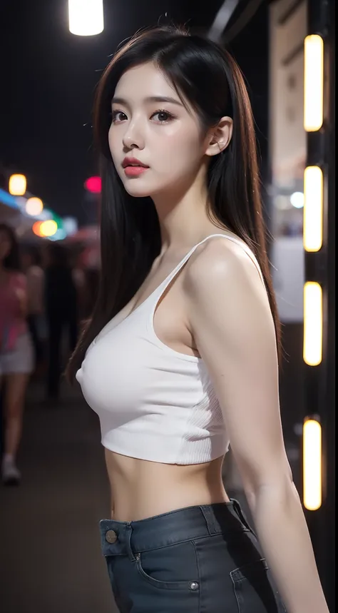 realistic photos of 1 cute Korean star, straight hair, white skin, thin makeup, 32 inch breasts size, wearing black and white crop top, pants, walking in night market,  upper body portrait, UHD