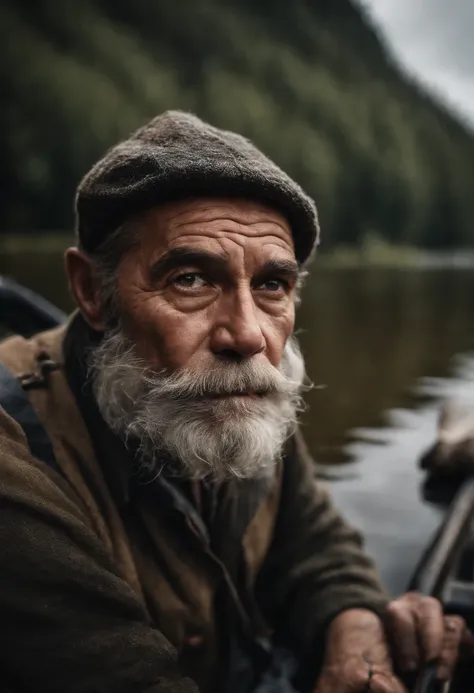 Man, fisherman, white, white beard, looking forward in sunken boat on cloudy day