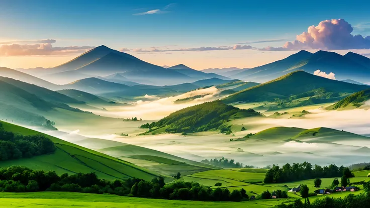 Summer solstice, green mountains, green mountains, clouds, smoke, fairy fog, terraced fields, farmhouses