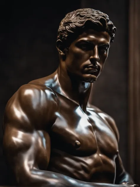 a closeup of a statue of a man, estilo cristiano ronaldo, contato visual, com barba curta, a dark marble sculpture of young man with muscles, classical realism, macho, wise, alfa, dark marble sculpture, Chiaroscuro