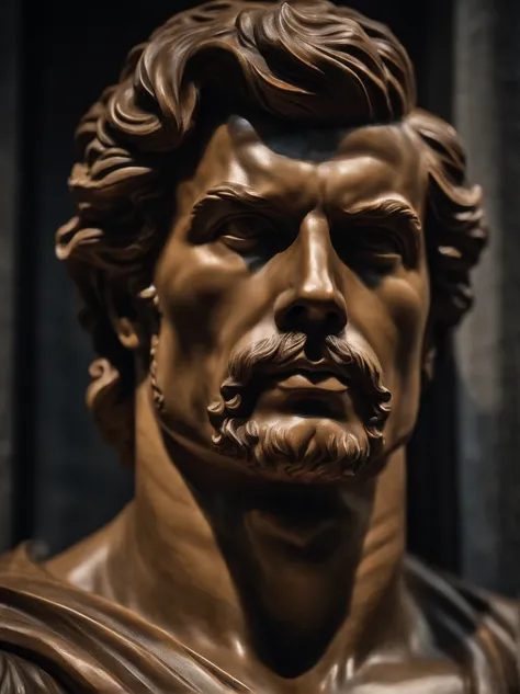 a closeup of a statue of a man, estilo cristiano ronaldo, contato visual, com barba curta, a dark marble sculpture of young man with muscles, classical realism, macho, wise, alfa, dark marble sculpture, Chiaroscuro