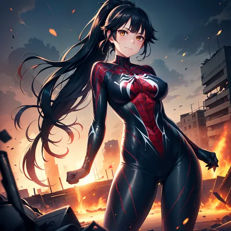 1girl,,big breasts,standing in ruined city,(8k),scratches,detailed face,black hair,brown eyes,very long hair,embarassed,small sm...