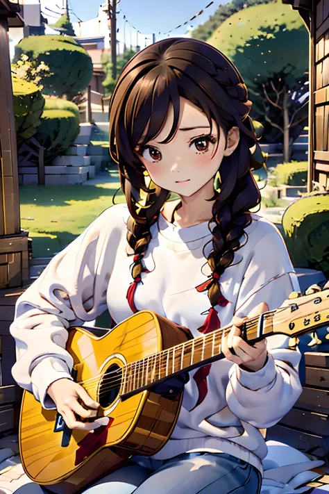 top-quality、masutepiece、8k，cute 18yo girl、braid hair with brown hair tied、looking_away、play on guitar、white sweatshirt、old denim...