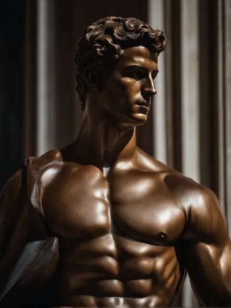 a closeup of a statue of a man, estilo cristiano ronaldo, contato visual, facing the camera, com barba curta, a dark marble sculpture of young man with muscles, classical realism, macho, wise, alfa, dark marble sculpture, Chiaroscuro