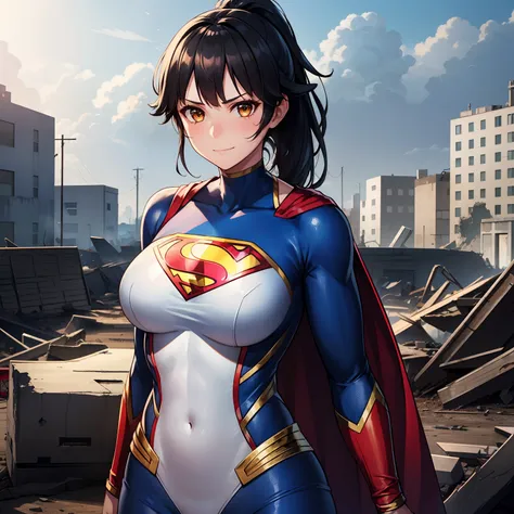 1girl,,big breasts,standing in ruined city,(8k),scratches,detailed face,black hair,brown eyes,very long hair,embarassed,small sm...