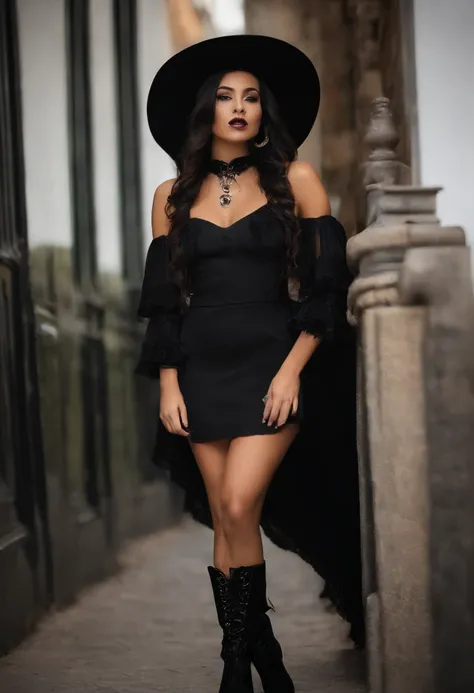 Uma mulher jovem, com a pele morena, altura mediana, cabelos pretos, hair with braids and fringes, Gothic dress, vestido preto, vestido estilo boiadeiro, wearing black cowboy hat on head, vestido com manga longa preto, bota preta, bota comprida, tem cinto ...