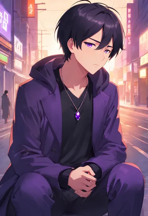 Man with short straight black hair, eyes closed, beautiful, apathetic face, wearing a black coat with purple details, black fabric pants, black shoes, necklace with a single purple stone. 4khd,