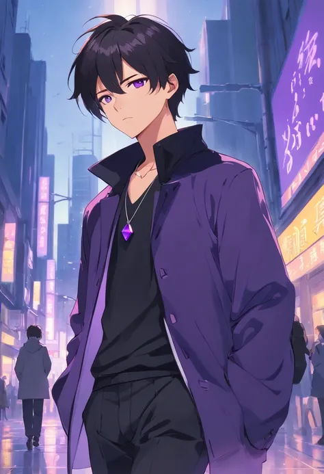 Man with short straight black hair, eyes closed, beautiful, apathetic face, wearing a black coat with purple details, black fabric pants, black shoes, necklace with a single purple stone. 4khd,