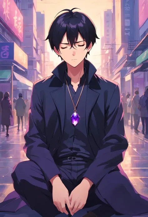 Man with short straight black hair, eyes closed, beautiful, apathetic face, wearing a black coat with purple details, black fabric pants, black shoes, necklace with a single purple stone. 4khd,