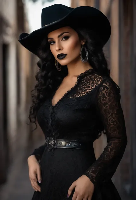 Uma mulher jovem, com a pele morena, altura mediana, cabelos pretos, hair with braids and fringes, Gothic dress, vestido preto, vestido estilo boiadeiro, wearing black cowboy hat on head, vestido com manga longa preto, bota preta, bota comprida, tem cinto ...