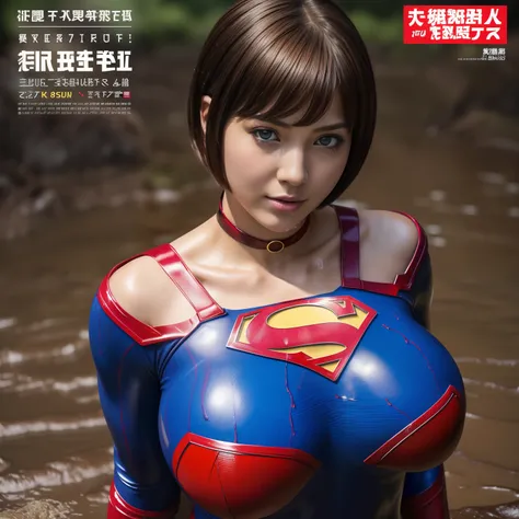 (Best Quality,4K,8K,hight resolution,masutepiece:1.2),Ultra-detailed,Realistic:1.37,Super masterpiece,Short-haired Supergirl struggling in a quagmire、large full breasts、Looking at the camera、Glossy costume、a choker、Covered in mud、Weekly magazine cover、Spla...